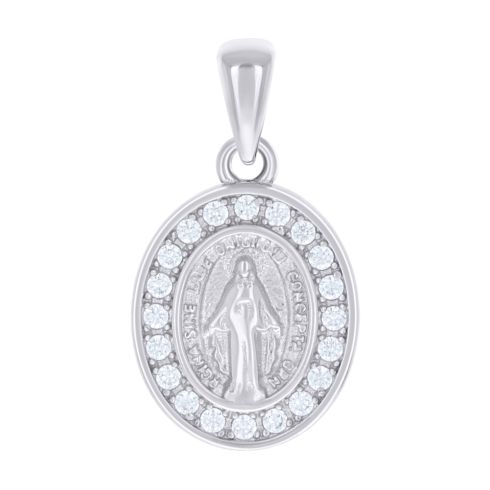 925 Sterling Silver Unisex Cubic-Zirconia Oval Miraculous Virgin Mary Pendant